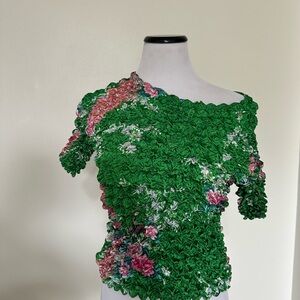 90s Scrunch Shrink Green Floral Stretch Women's Top